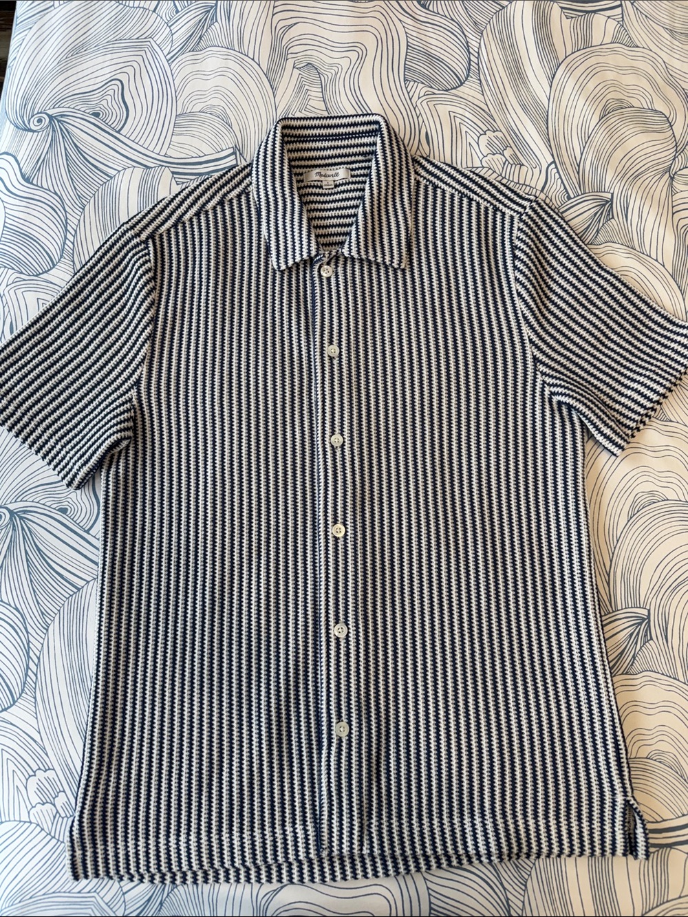 Men's Navy and White Striped Short-Sleeve Button-Up Knit Shirt